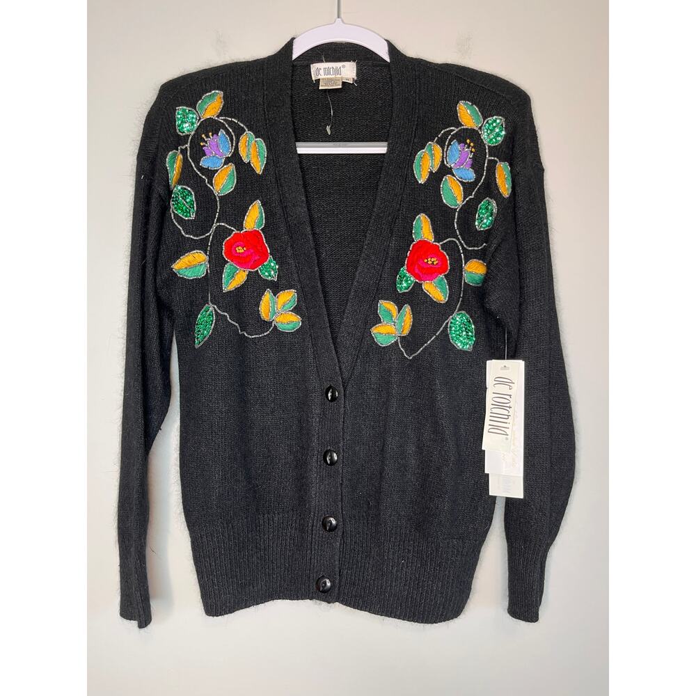 NWT 1980s De Rotchild Angora Wool Silk Sequin Soft Rainbow‎ Floral Cardigan M